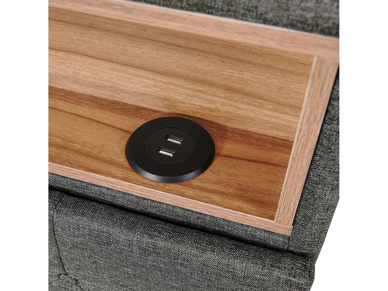 Gestoffeerd tweepersoonsbed 140x200 cm grijs met hoofdbord met opbergruimte, USB, LED en twee praktische zijlades