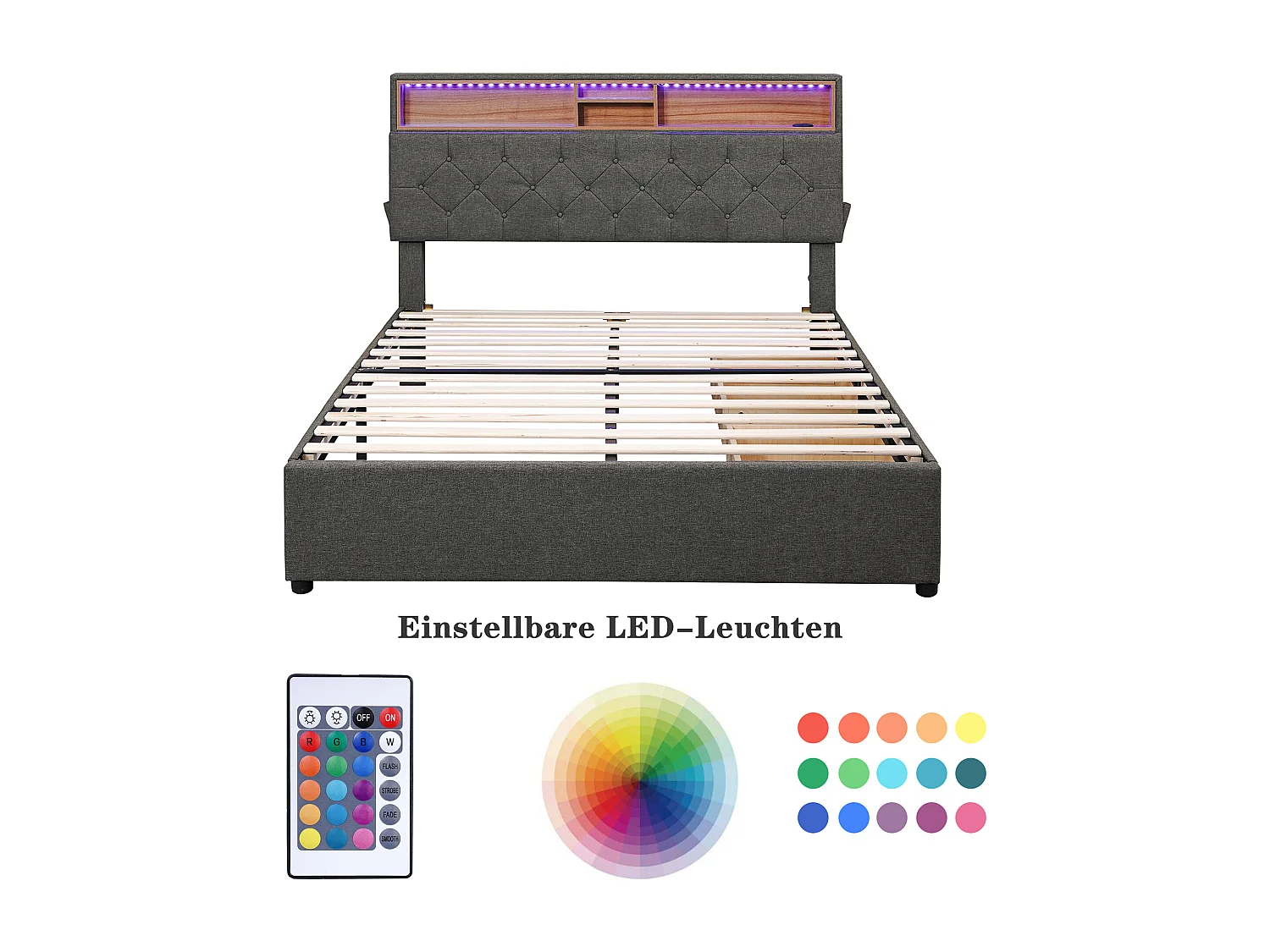 Gestoffeerd tweepersoonsbed 140x200 cm grijs met hoofdbord met opbergruimte, USB, LED en twee praktische zijlades