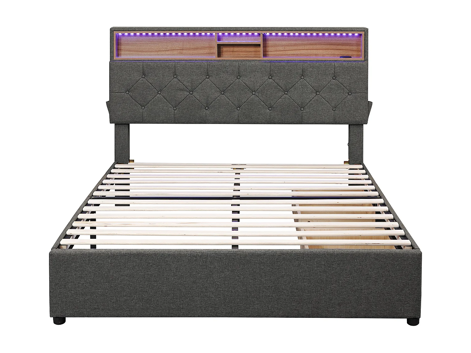 Gestoffeerd tweepersoonsbed 140x200 cm grijs met hoofdbord met opbergruimte, USB, LED en twee praktische zijlades