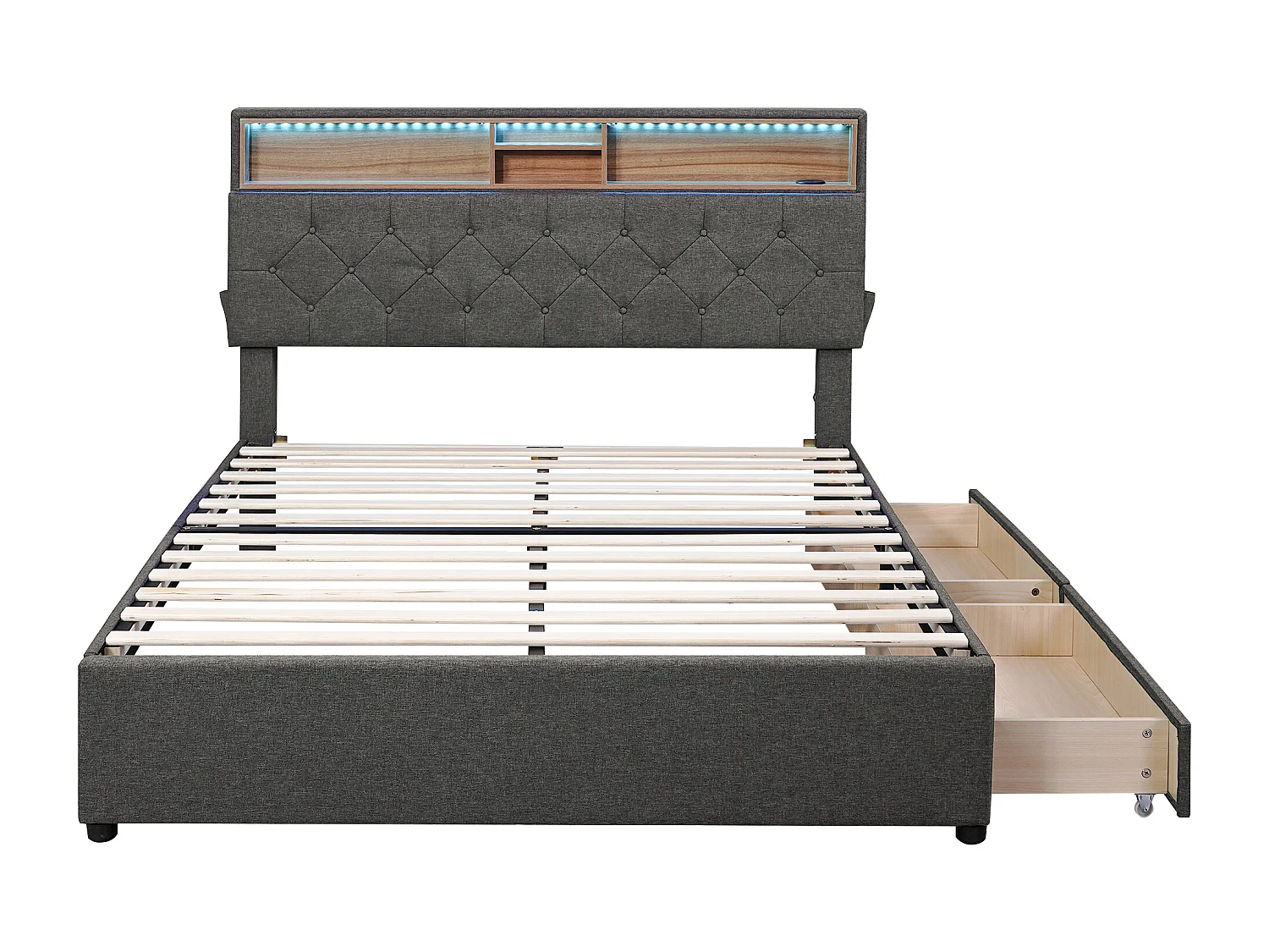 Gestoffeerd tweepersoonsbed 140x200 cm grijs met hoofdbord met opbergruimte, USB, LED en twee praktische zijlades