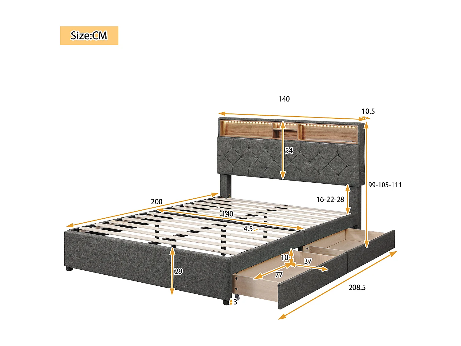 Gestoffeerd tweepersoonsbed 140x200 cm grijs met hoofdbord met opbergruimte, USB, LED en twee praktische zijlades