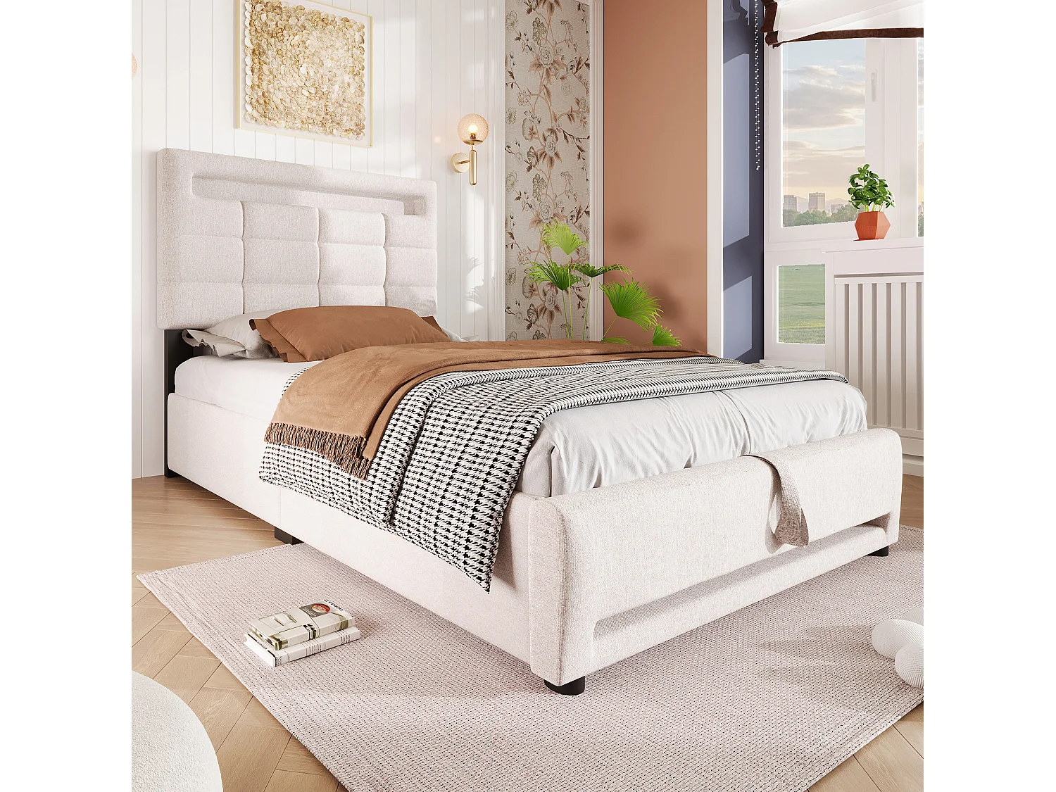 Lit rembourré 90x200 cm en lin beige avec LED, télécommande APP, port USB et coffre de rangement hydraulique