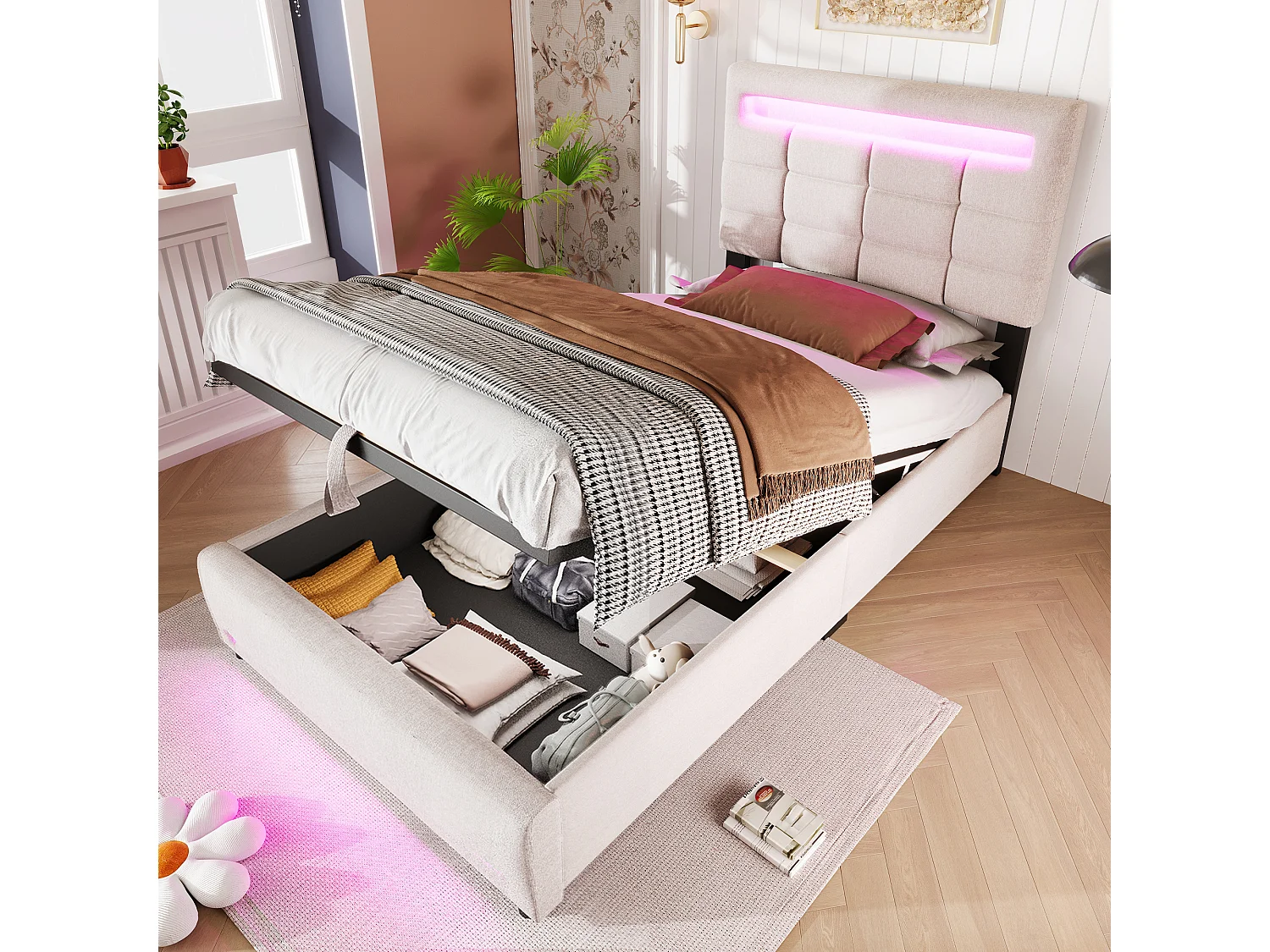 Lit rembourré 90x200 cm en lin beige avec LED, télécommande APP, port USB et coffre de rangement hydraulique