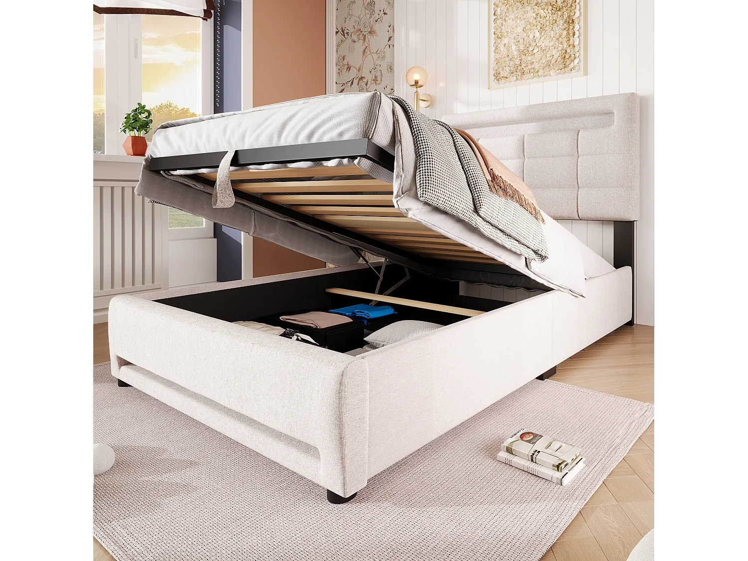 Lit rembourré 90x200 cm en lin beige avec LED, télécommande APP, port USB et coffre de rangement hydraulique