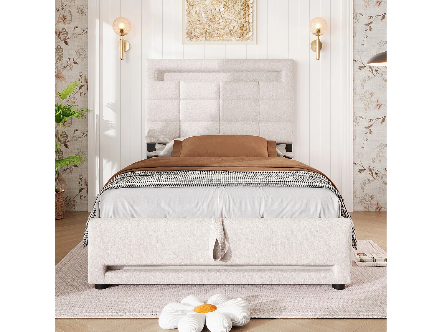 Lit rembourré 90x200 cm en lin beige avec LED, télécommande APP, port USB et coffre de rangement hydraulique