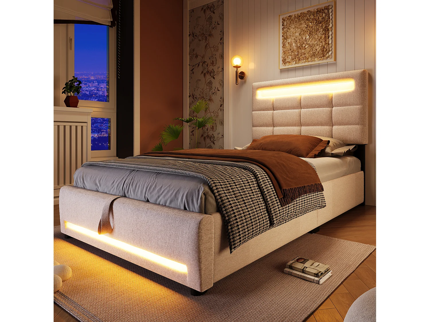 Lit rembourré 90x200 cm en lin beige avec LED, télécommande APP, port USB et coffre de rangement hydraulique
