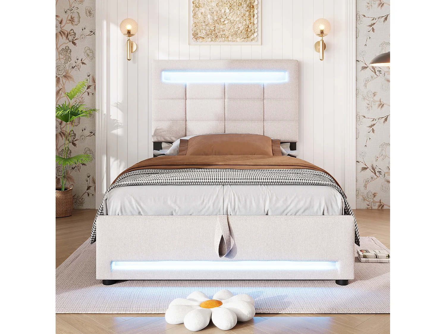 Lit rembourré 90x200 cm en lin beige avec LED, télécommande APP, port USB et coffre de rangement hydraulique