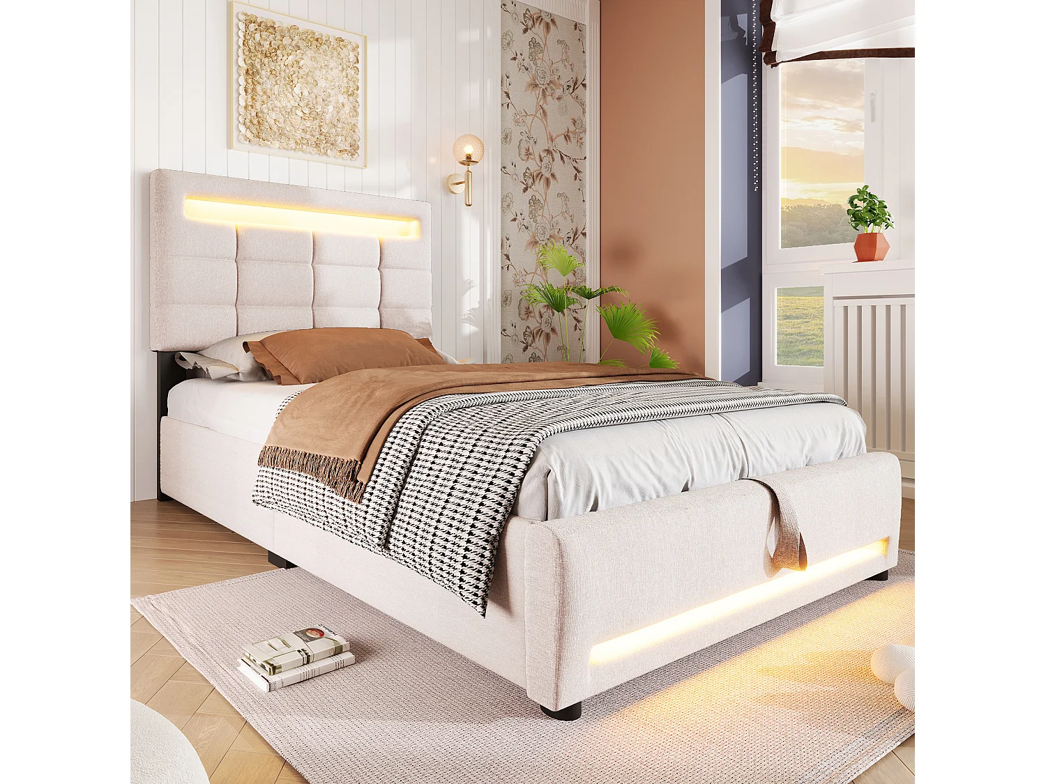 Lit rembourré 90x200 cm en lin beige avec LED, télécommande APP, port USB et coffre de rangement hydraulique