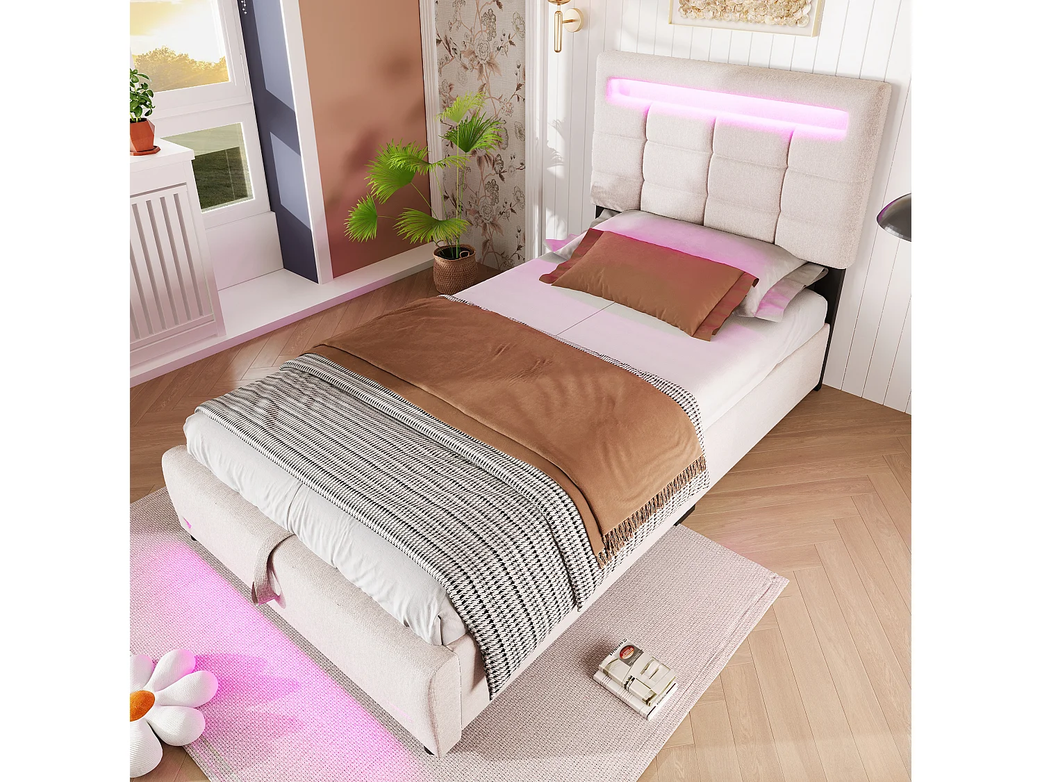 Lit rembourré 90x200 cm en lin beige avec LED, télécommande APP, port USB et coffre de rangement hydraulique