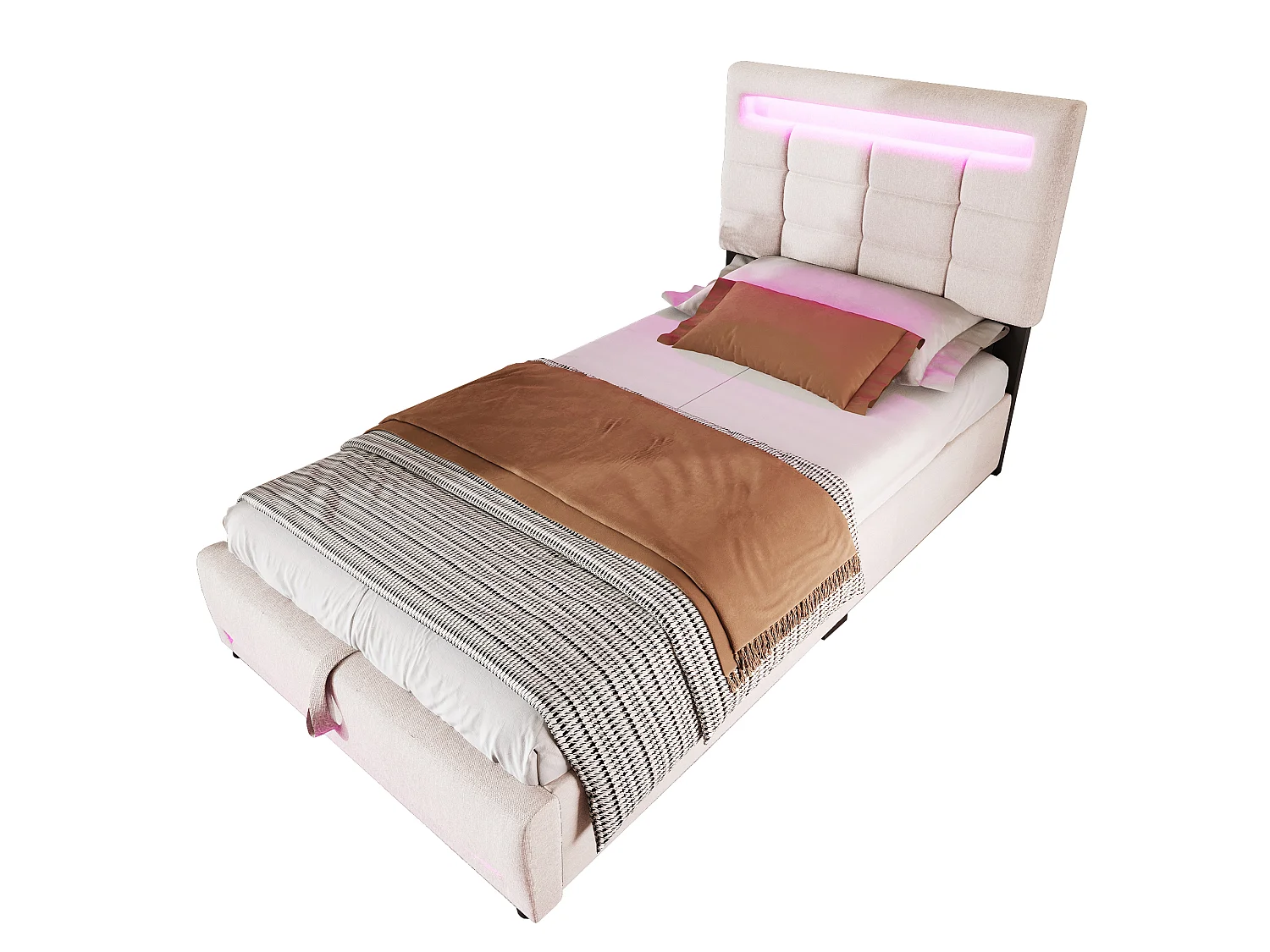 Lit rembourré 90x200 cm en lin beige avec LED, télécommande APP, port USB et coffre de rangement hydraulique