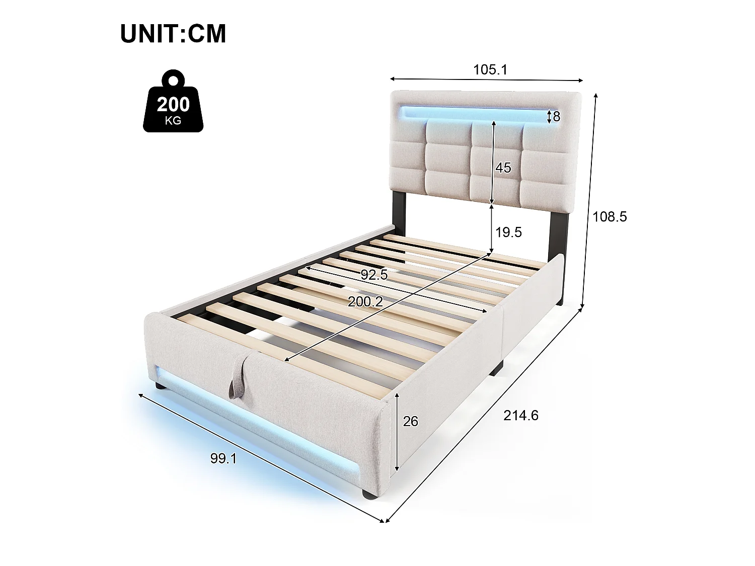 Lit rembourré 90x200 cm en lin beige avec LED, télécommande APP, port USB et coffre de rangement hydraulique