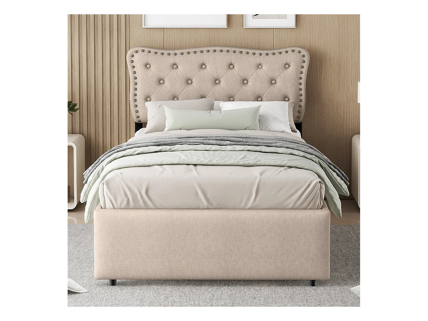 Lit rembourré 90x200 cm beige foncé avec tête de lit cloutée, double tiroir intégré, style moderne et fonctionnel