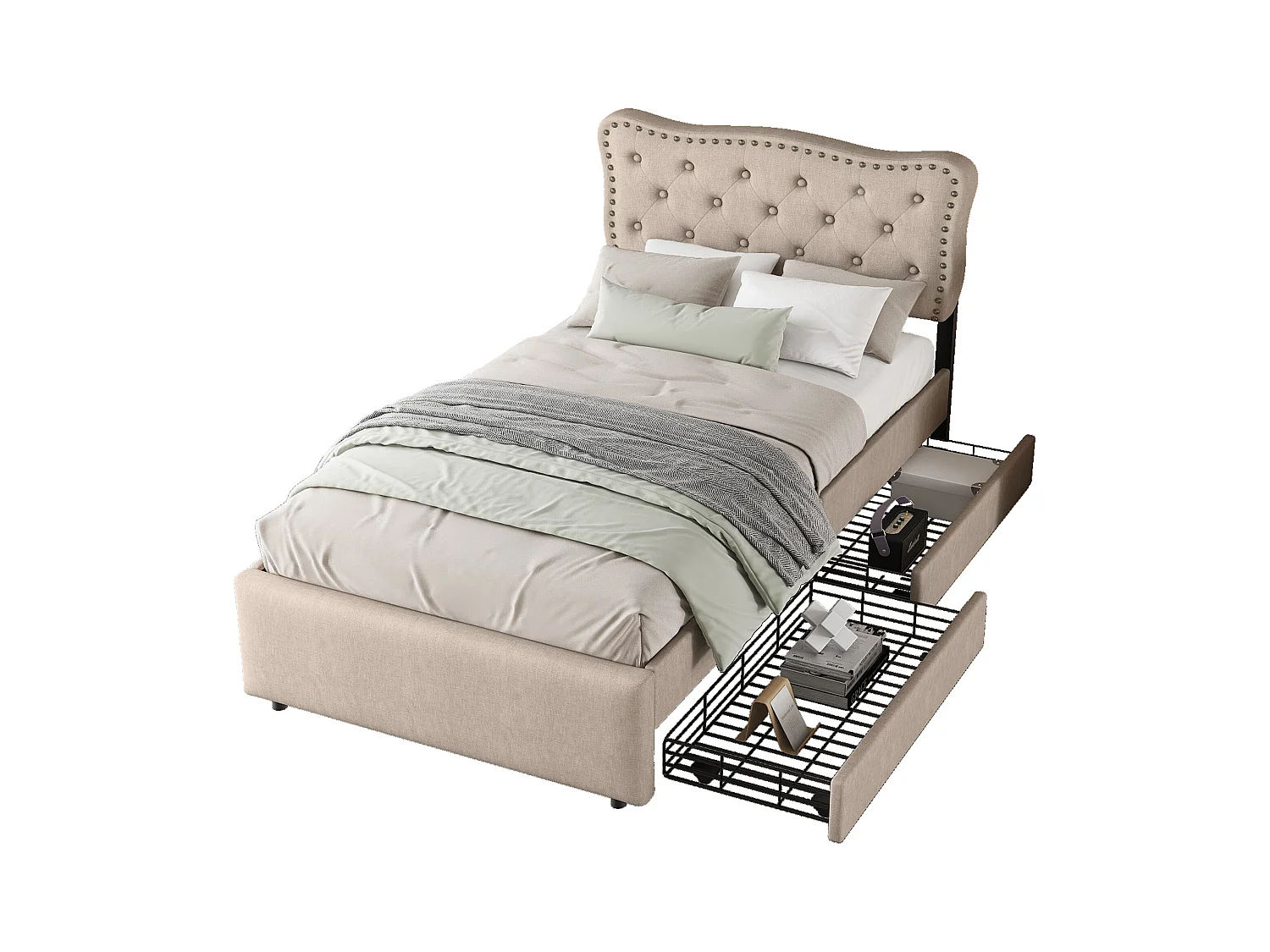 Lit rembourré 90x200 cm beige foncé avec tête de lit cloutée, double tiroir intégré, style moderne et fonctionnel