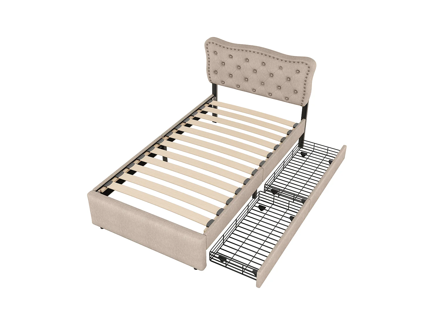 Lit rembourré 90x200 cm beige foncé avec tête de lit cloutée, double tiroir intégré, style moderne et fonctionnel