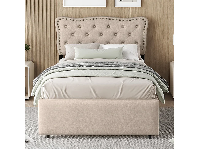 Lit rembourré 90x200 cm beige foncé avec tête de lit cloutée, double tiroir intégré, style moderne et fonctionnel