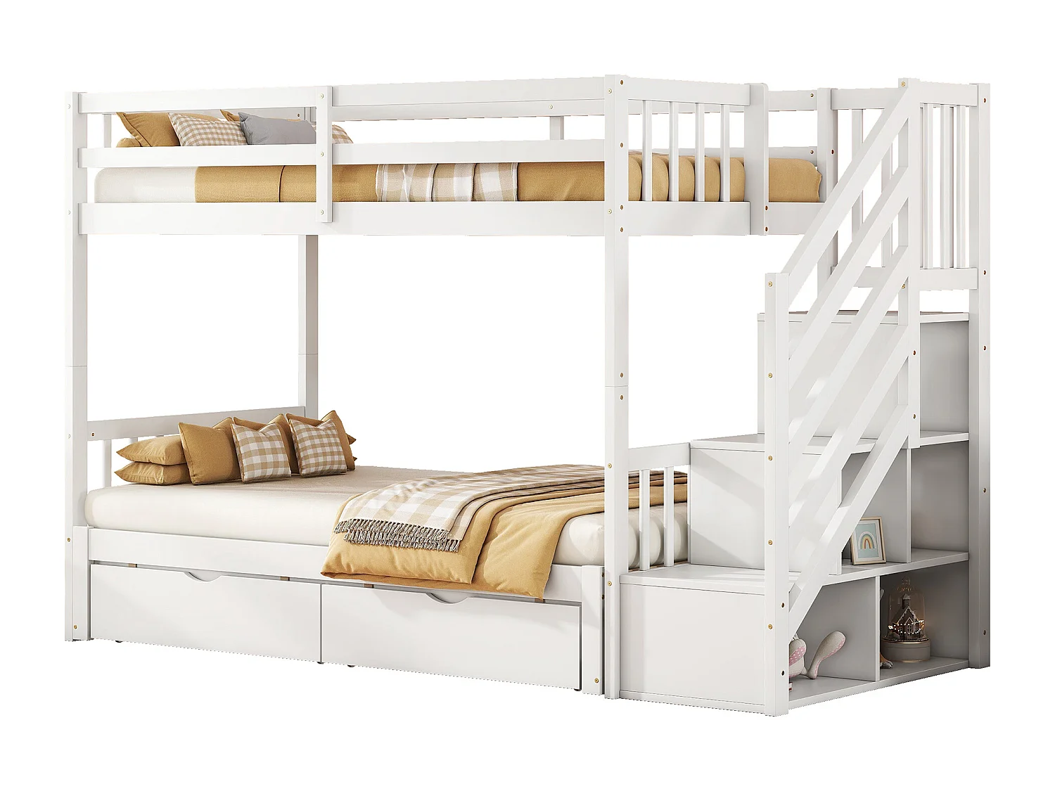 Lit superposé 90x200 cm avec lit gigogne, sommier inclus, deux tiroirs, marches de rangement, bois de pin, Blanc