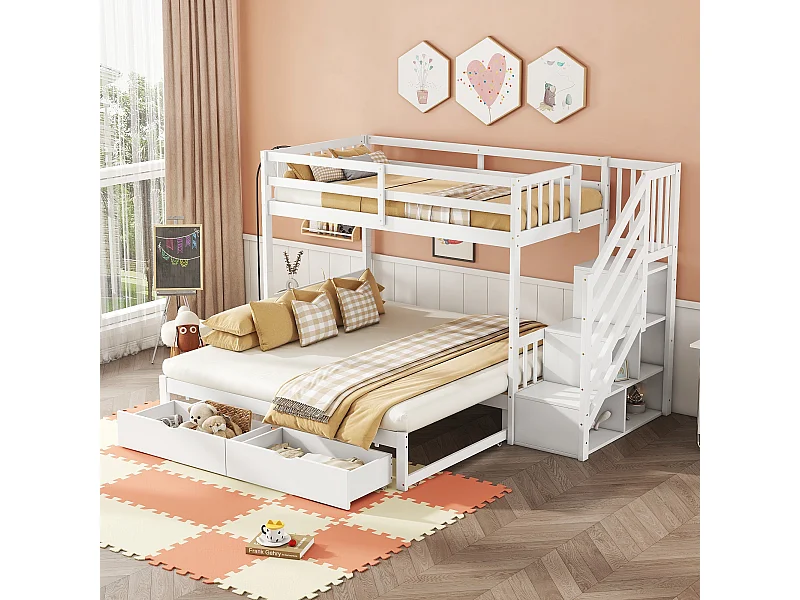 Lit superposé 90x200 cm avec lit gigogne, sommier inclus, deux tiroirs, marches de rangement, bois de pin, Blanc