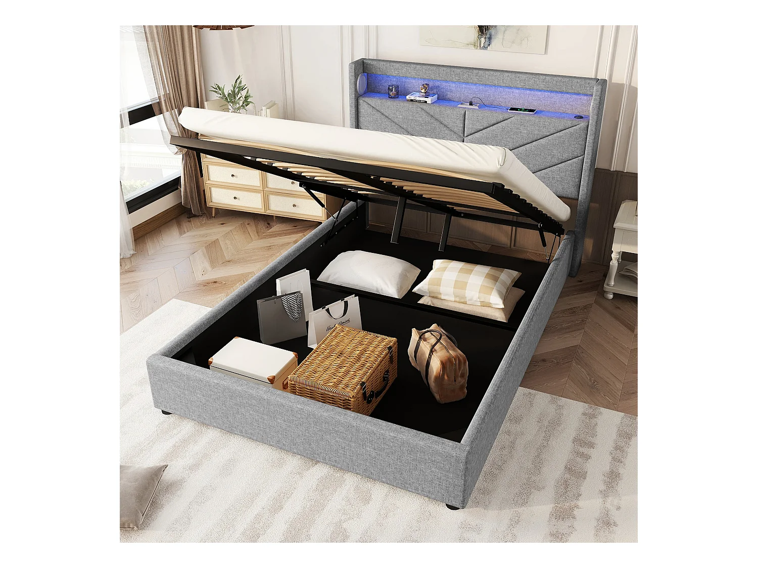 Lit double 140x190 cm, sans matelas, lit rembourré avec hydrau, LED télécommandée, USB et enceinte, Lin Gris