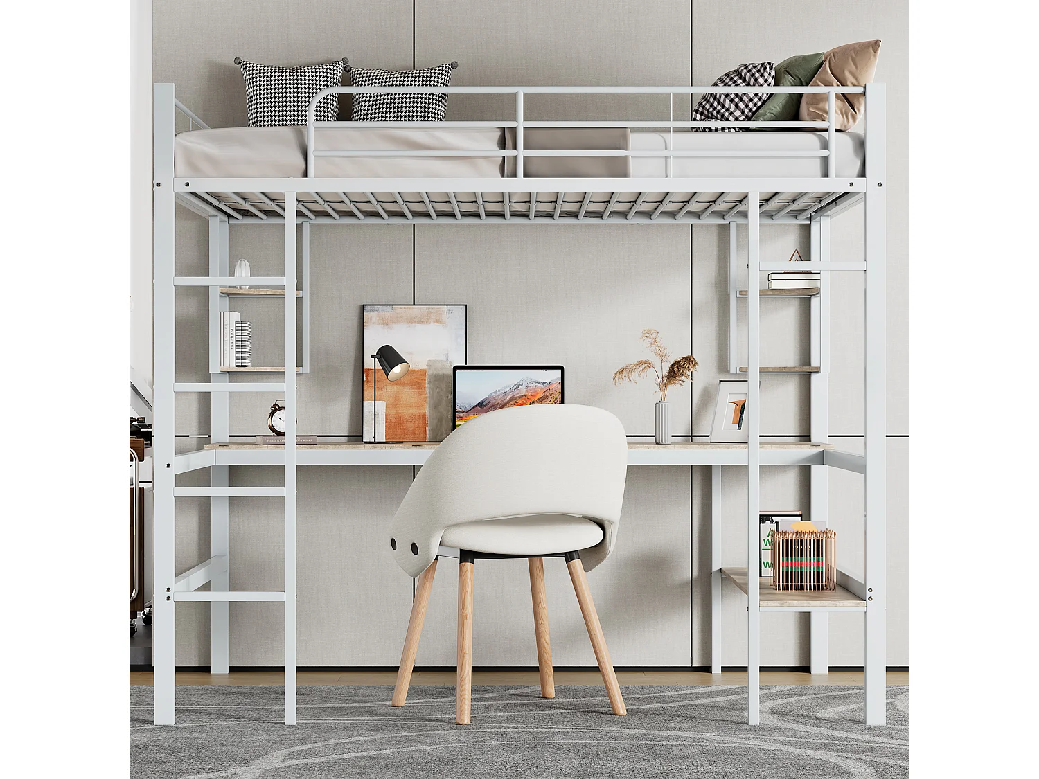 Lit mezzanine 90x200 cm blanc en métal avec bureau et 5 étagères, design pratique pour jeunes et adultes