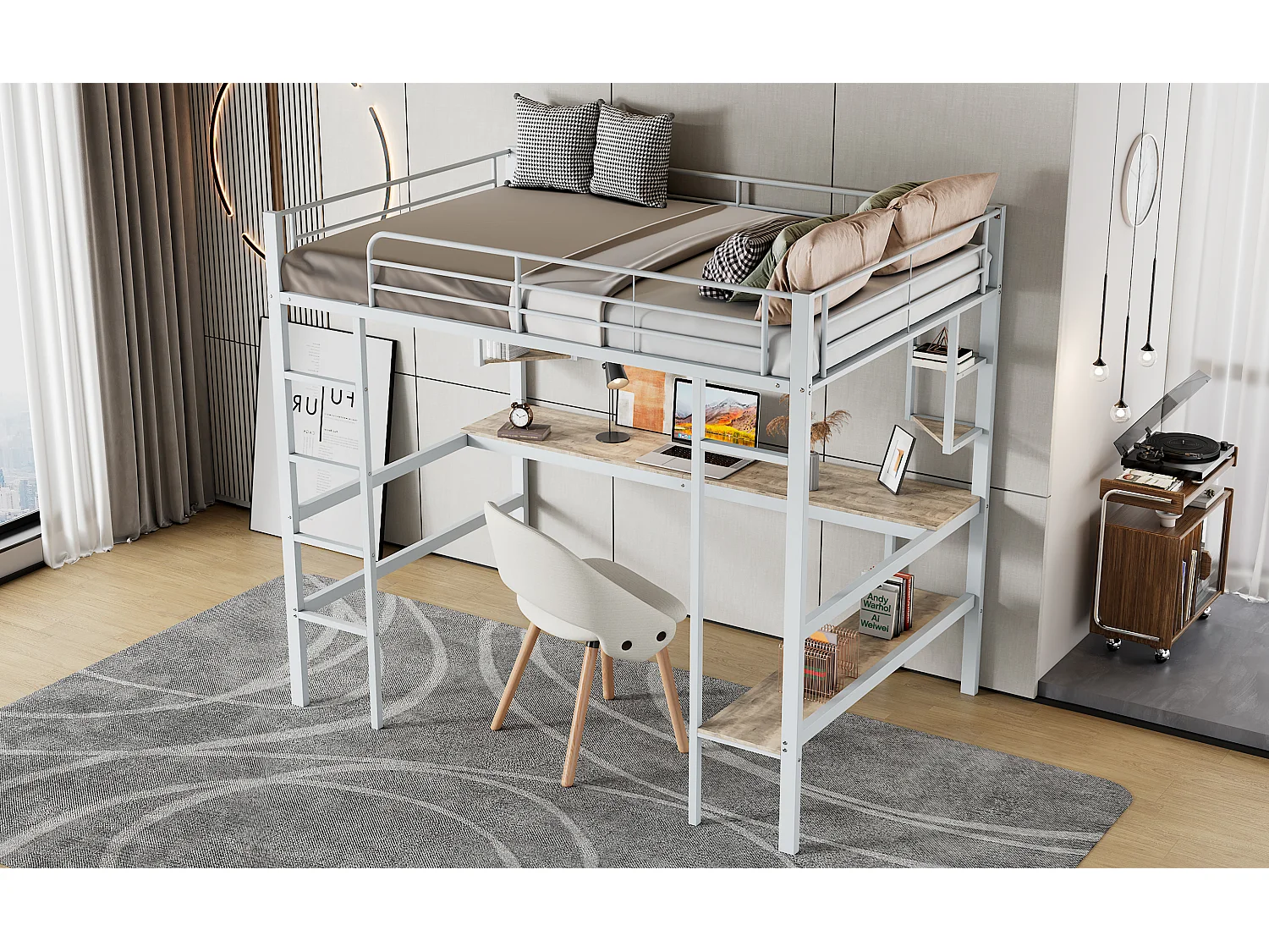 Lit mezzanine 90x200 cm blanc en métal avec bureau et 5 étagères, design pratique pour jeunes et adultes