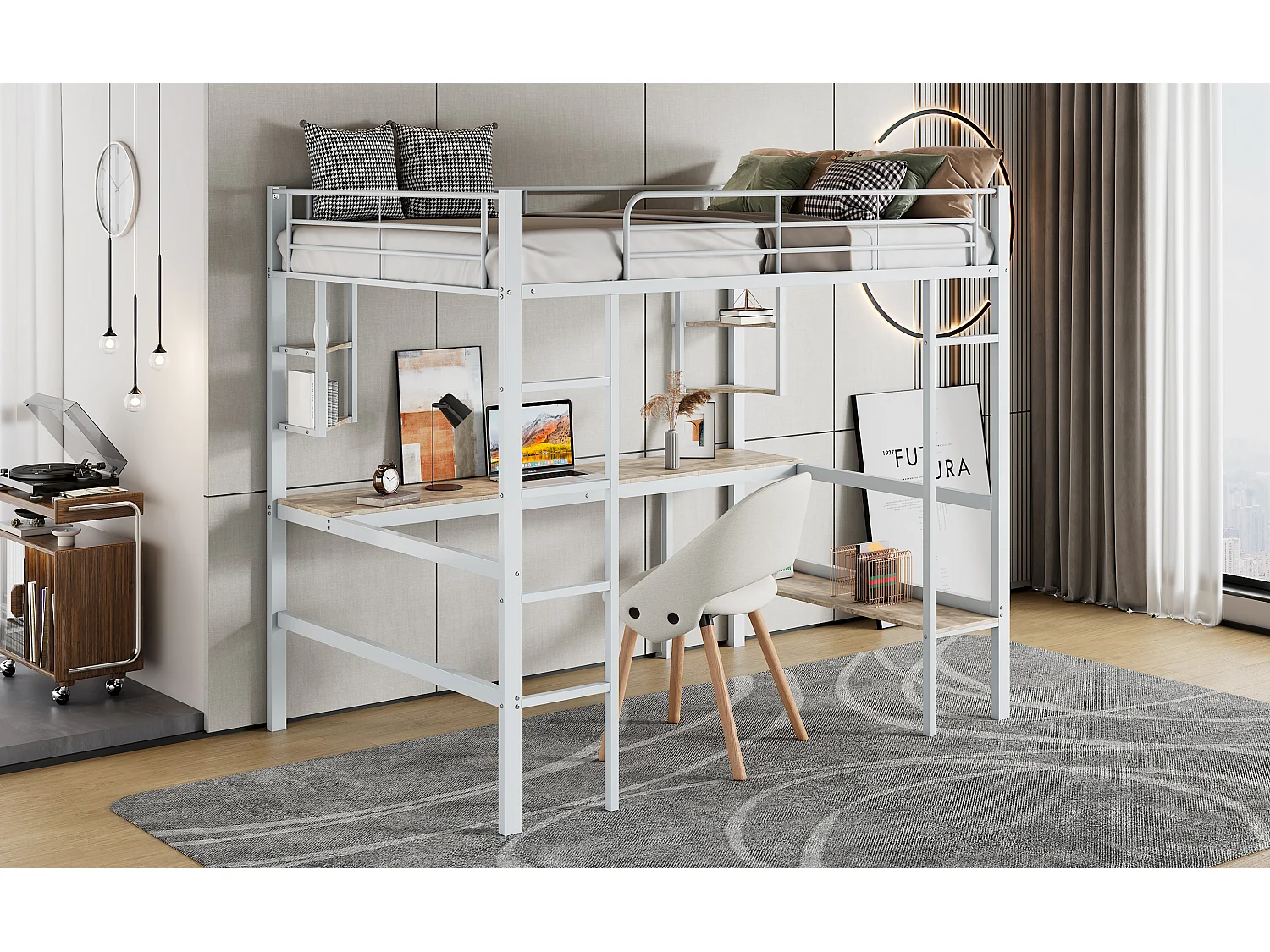 Lit mezzanine 90x200 cm blanc en métal avec bureau et 5 étagères, design pratique pour jeunes et adultes