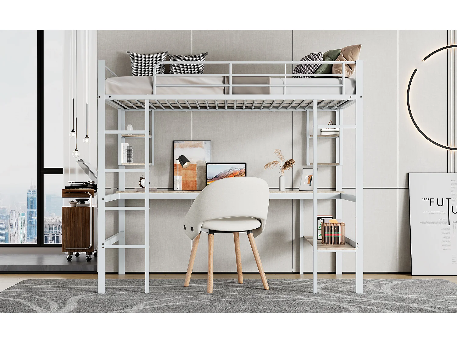 Lit mezzanine 90x200 cm blanc en métal avec bureau et 5 étagères, design pratique pour jeunes et adultes