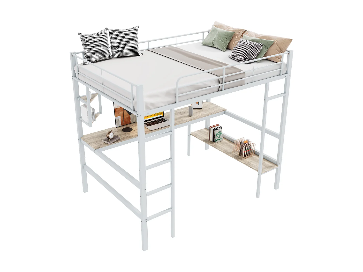 Lit mezzanine 90x200 cm blanc en métal avec bureau et 5 étagères, design pratique pour jeunes et adultes