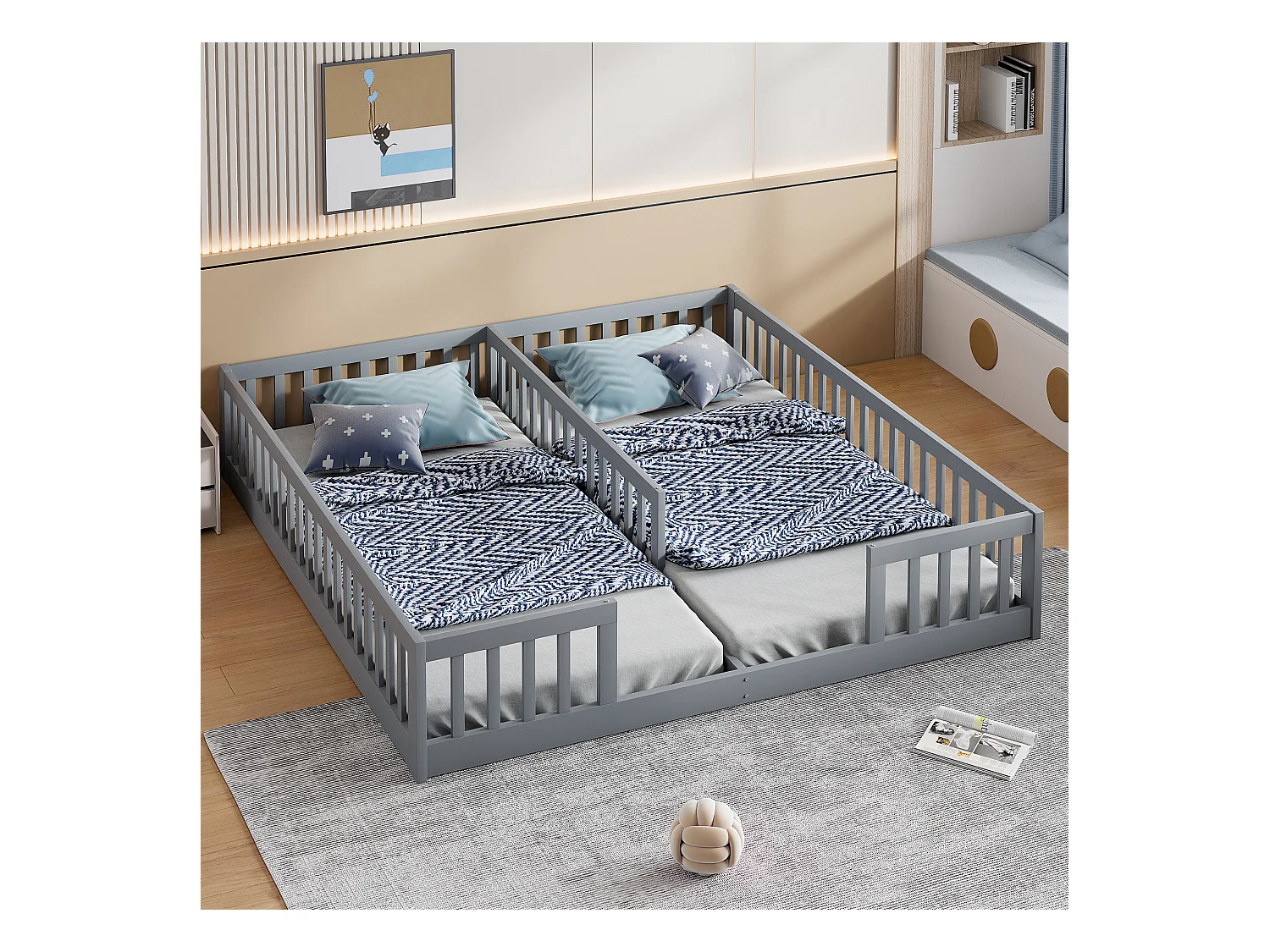 Lit panneaux 90x200 cm pour enfant avec barrières et sommier, adapté pour deux enfants, bois de pin, style minimaliste, Blanc