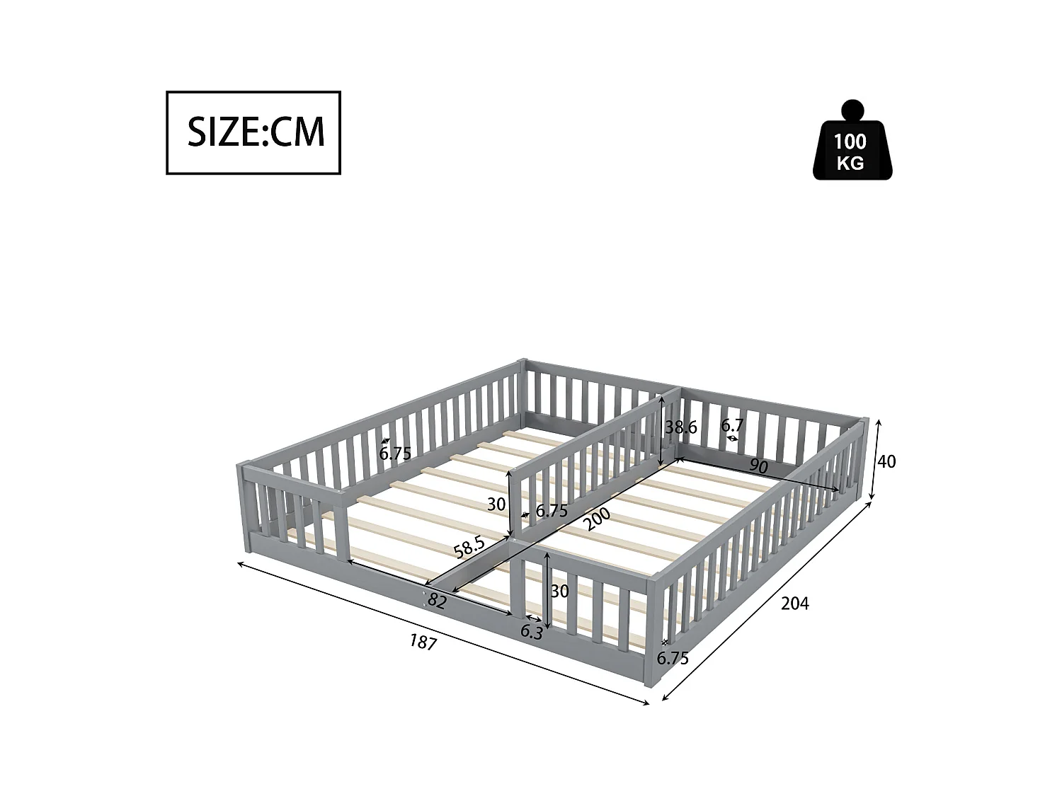 Lit panneaux 90x200 cm pour enfant avec barrières et sommier, adapté pour deux enfants, bois de pin, style minimaliste, Blanc