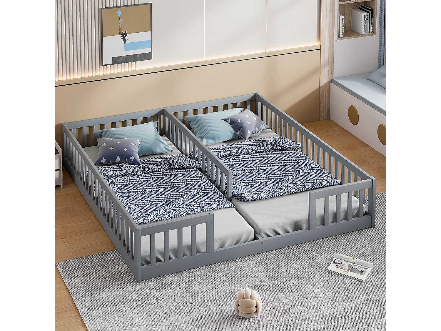 Lit panneaux 90x200 cm pour enfant avec barrières et sommier, adapté pour deux enfants, bois de pin, style minimaliste, Blanc