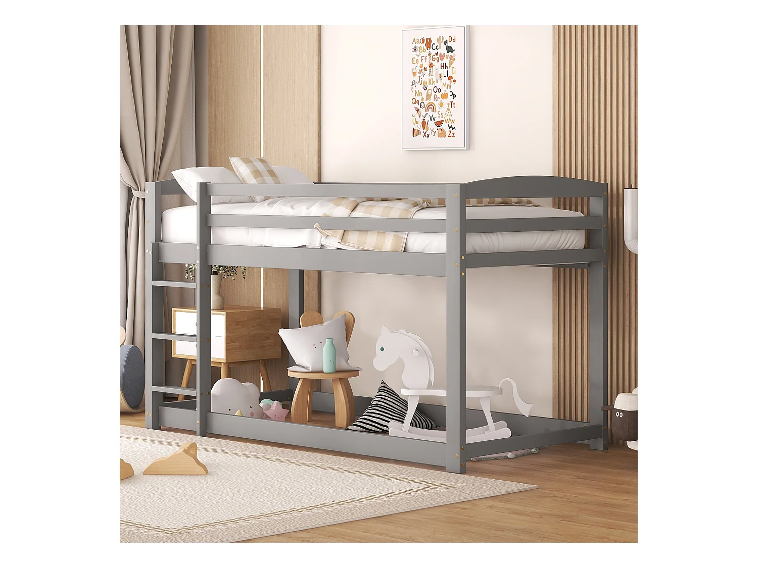 Lit superposé enfant 90x200 cm gris en pin massif, montage simple, lit robuste pour enfants et jeunes