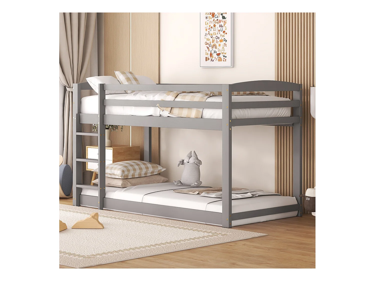 Lit superposé enfant 90x200 cm gris en pin massif, montage simple, lit robuste pour enfants et jeunes