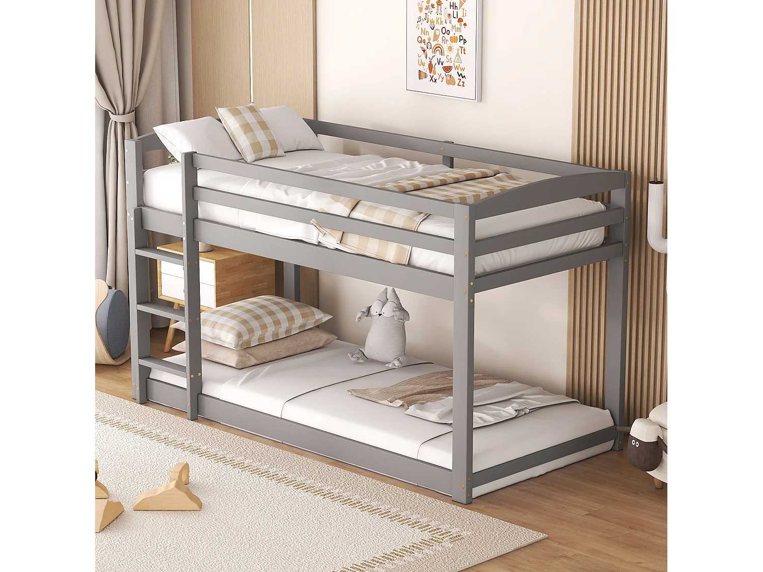 Lit superposé enfant 90x200 cm gris en pin massif, montage simple, lit robuste pour enfants et jeunes