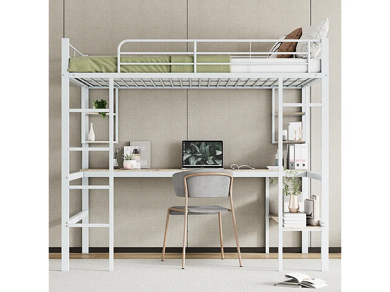 Lit mezzanine 140x200 cm blanc en métal avec bureau et rangements, sans matelas, idéal pour jeunes et adultes