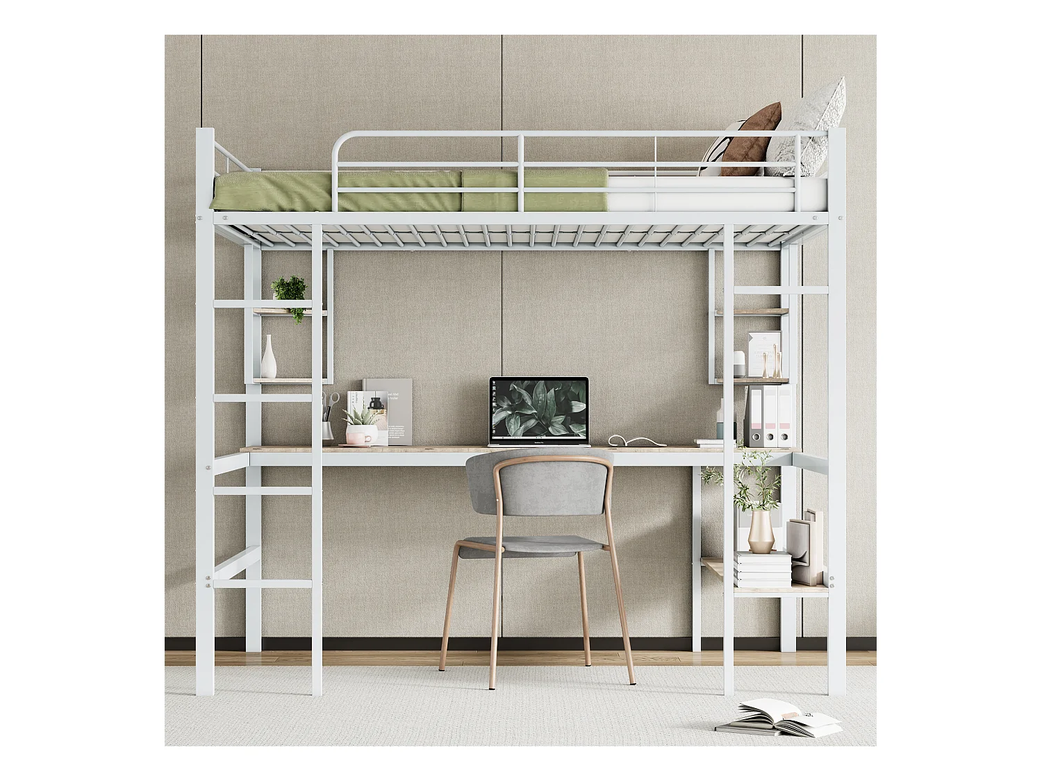 Lit mezzanine 140x200 cm blanc en métal avec bureau et rangements, sans matelas, idéal pour jeunes et adultes