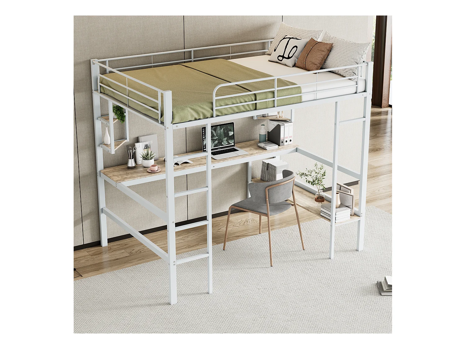 Lit mezzanine 140x200 cm blanc en métal avec bureau et rangements, sans matelas, idéal pour jeunes et adultes