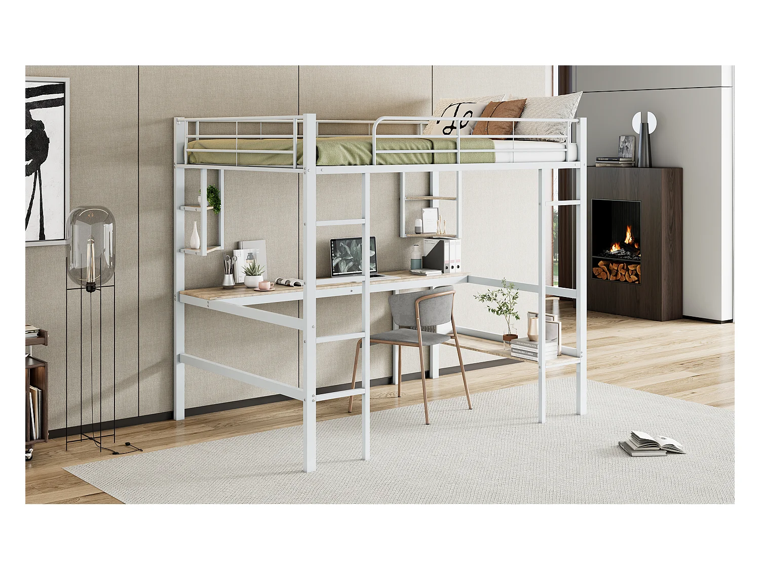 Lit mezzanine 140x200 cm blanc en métal avec bureau et rangements, sans matelas, idéal pour jeunes et adultes
