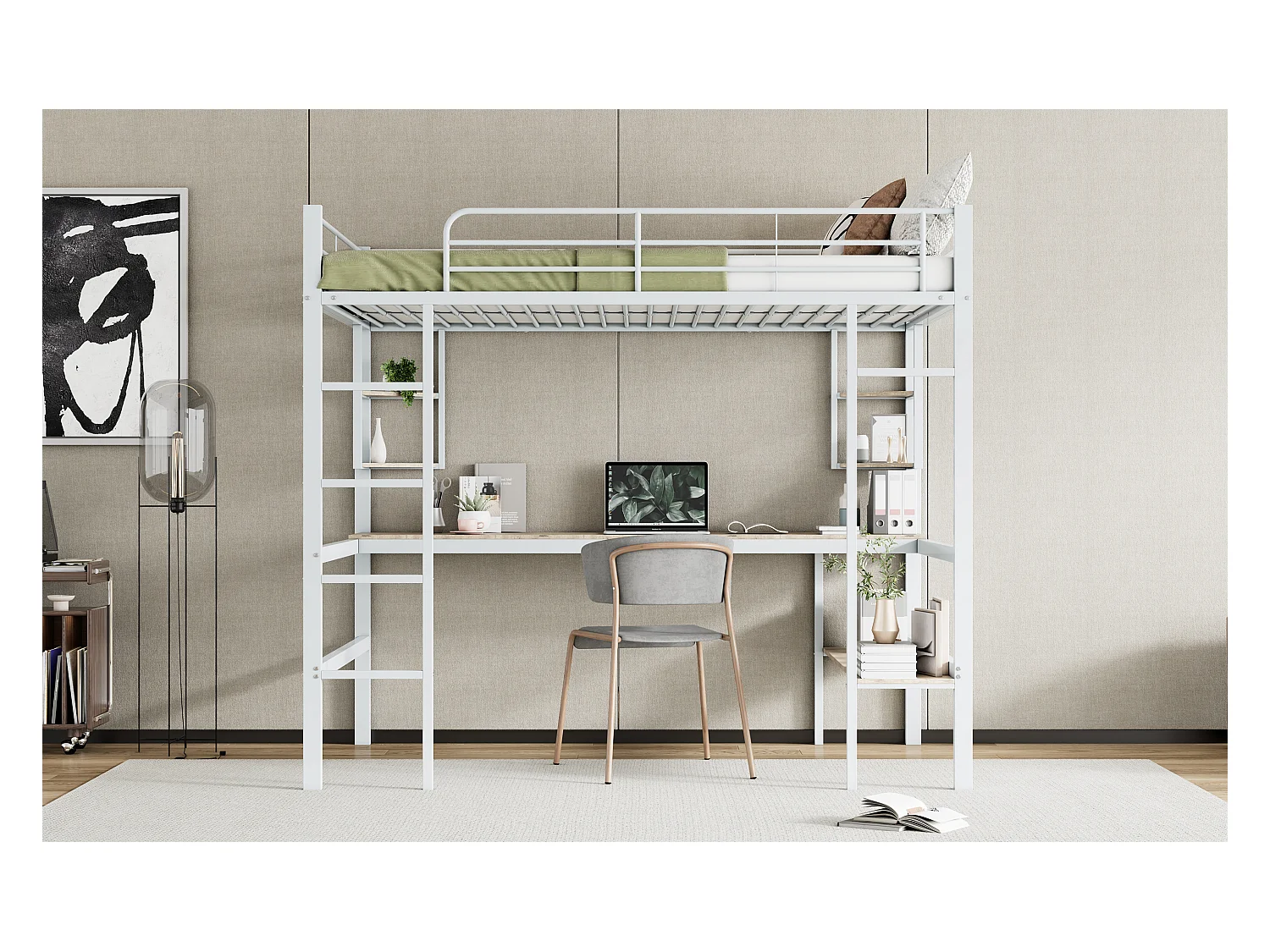 Lit mezzanine 140x200 cm blanc en métal avec bureau et rangements, sans matelas, idéal pour jeunes et adultes
