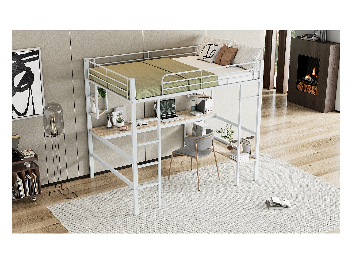 Lit mezzanine 140x200 cm blanc en métal avec bureau et rangements, sans matelas, idéal pour jeunes et adultes