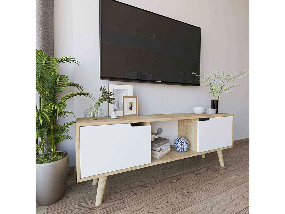 Mueble de TV – 139,7 cm x 53 cm x 53 cm – Roble Zafiro y Blanco – Aglomerado