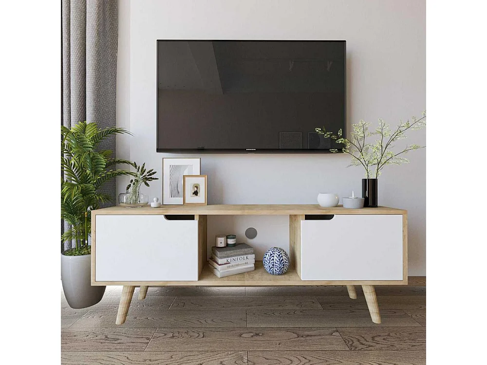 Mueble de TV – 139,7 cm x 53 cm x 53 cm – Roble Zafiro y Blanco – Aglomerado