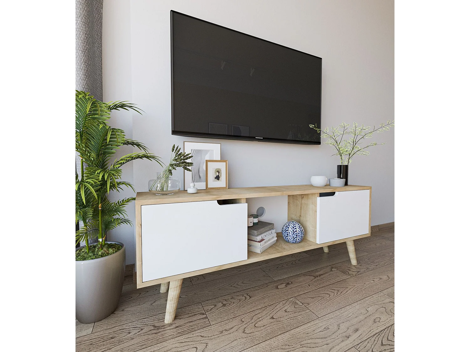 Mueble de TV – 139,7 cm x 53 cm x 53 cm – Roble Zafiro y Blanco – Aglomerado