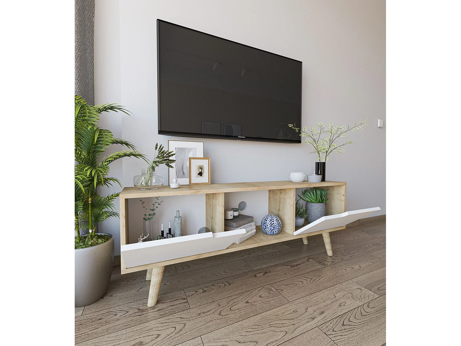 Mueble de TV – 139,7 cm x 53 cm x 53 cm – Roble Zafiro y Blanco – Aglomerado