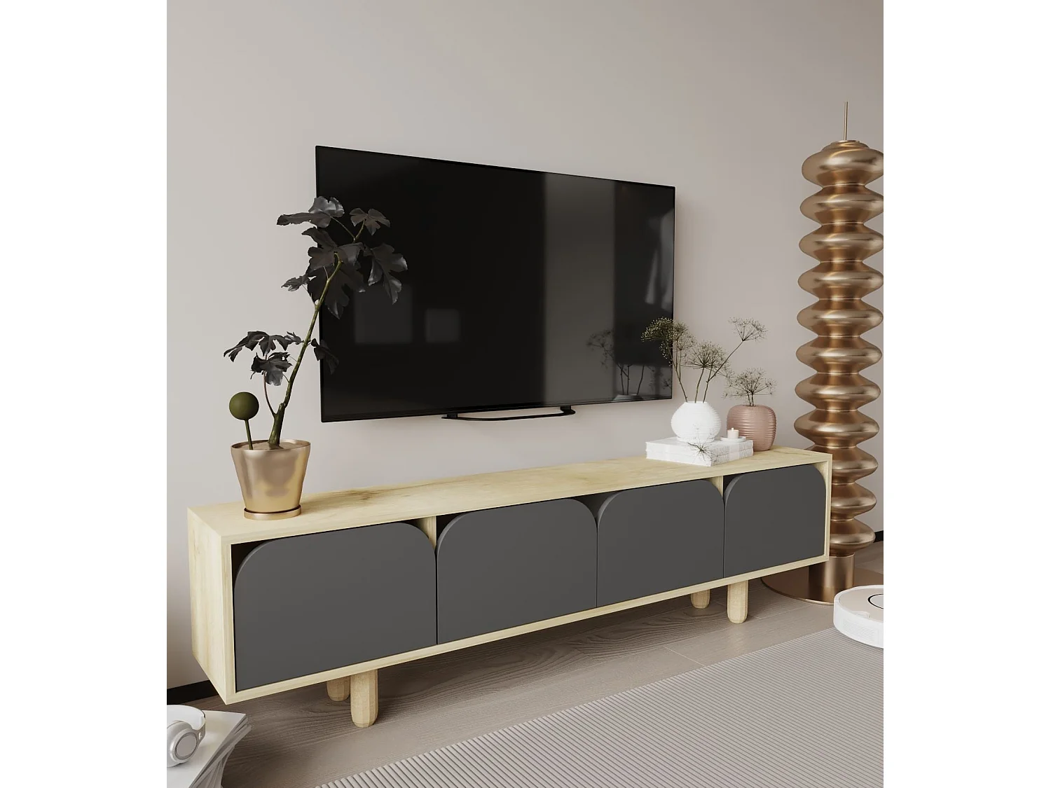 Mueble de TV – 180 cm – Roble Zafiro y Antracita – Tablero aglomerado con melamina