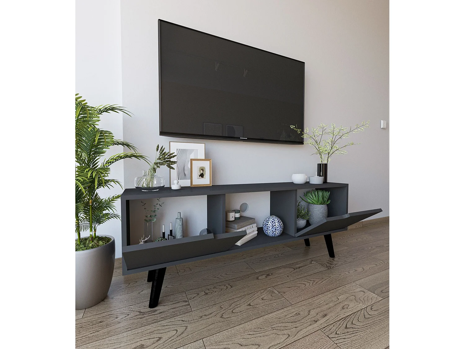 Mueble de TV – 139,7 cm x 53 cm x 53 cm – Antracita – Aglomerado