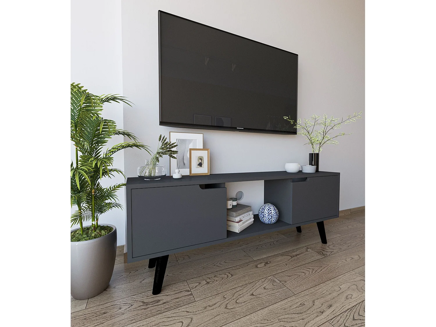 Mueble de TV – 139,7 cm x 53 cm x 53 cm – Antracita – Aglomerado