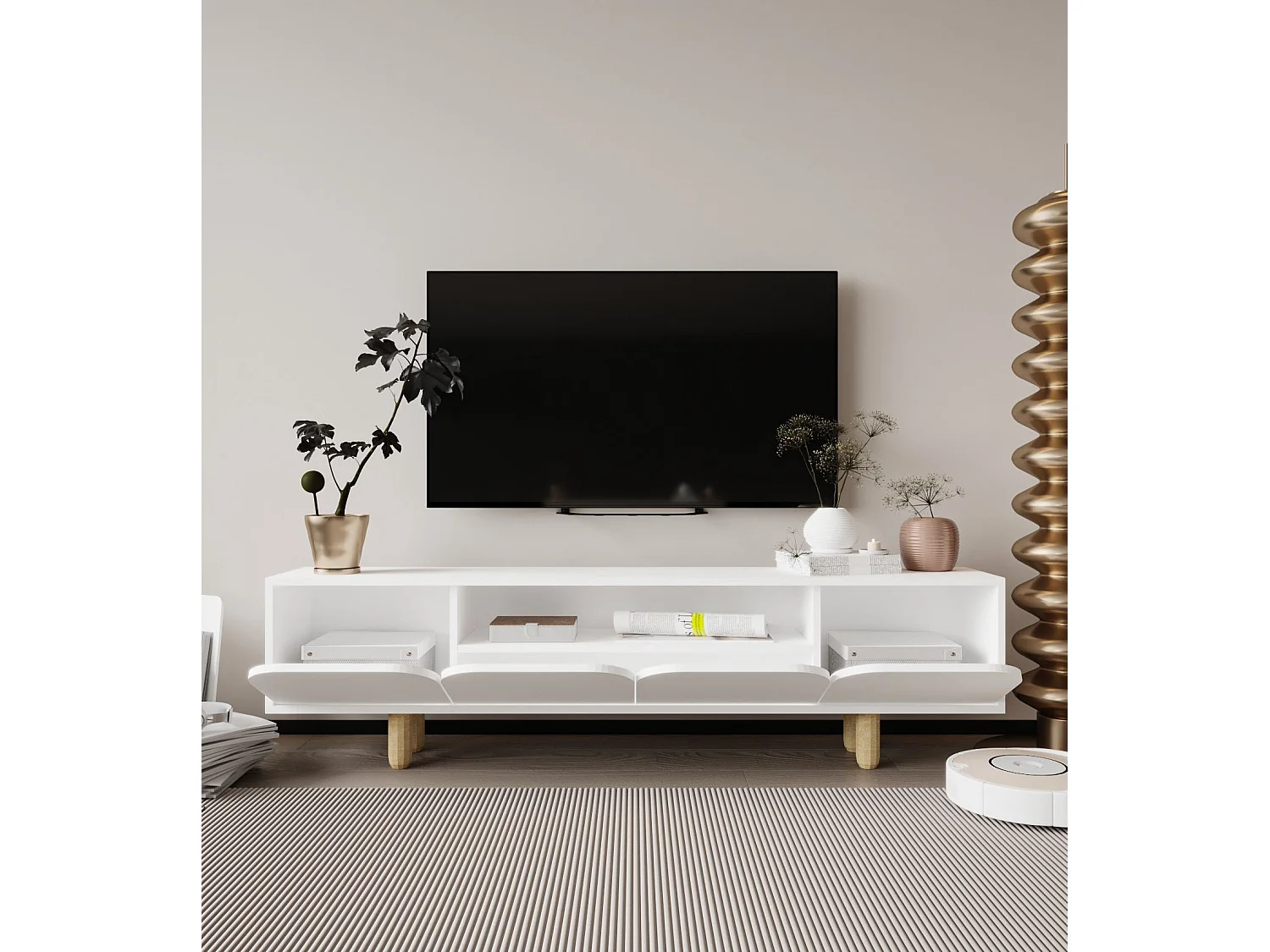 Mueble de TV – 180x48x29,8 cm – Blanco – Aglomerado y Madera