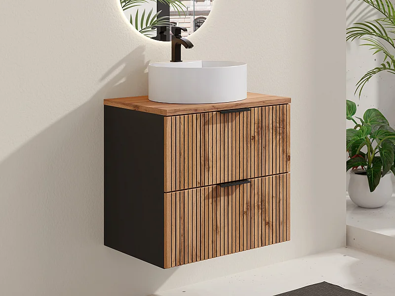 Meuble de salle de bain suspendu strié avec vasque à poser ronde - Naturel clair et noir - 60 cm - MADELA
