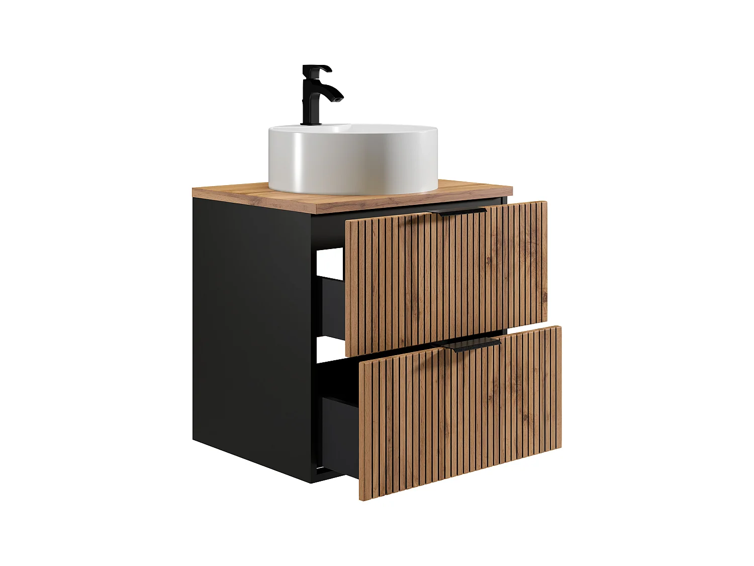 Meuble de salle de bain suspendu strié avec vasque à poser ronde - Naturel clair et noir - 60 cm - MADELA