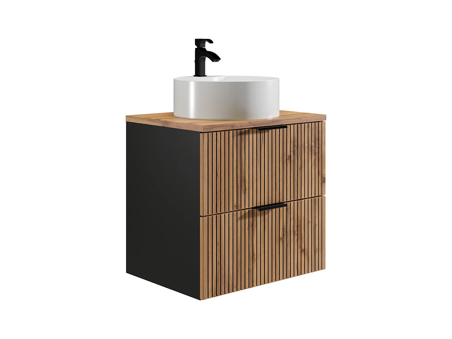 Meuble de salle de bain suspendu strié avec vasque à poser ronde - Naturel clair et noir - 60 cm - MADELA